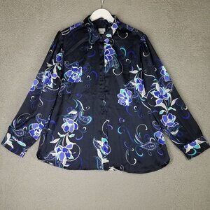 Chico's Satin Shirt Women's 3/ XL Button Up Floral Paisley Office Career Blue